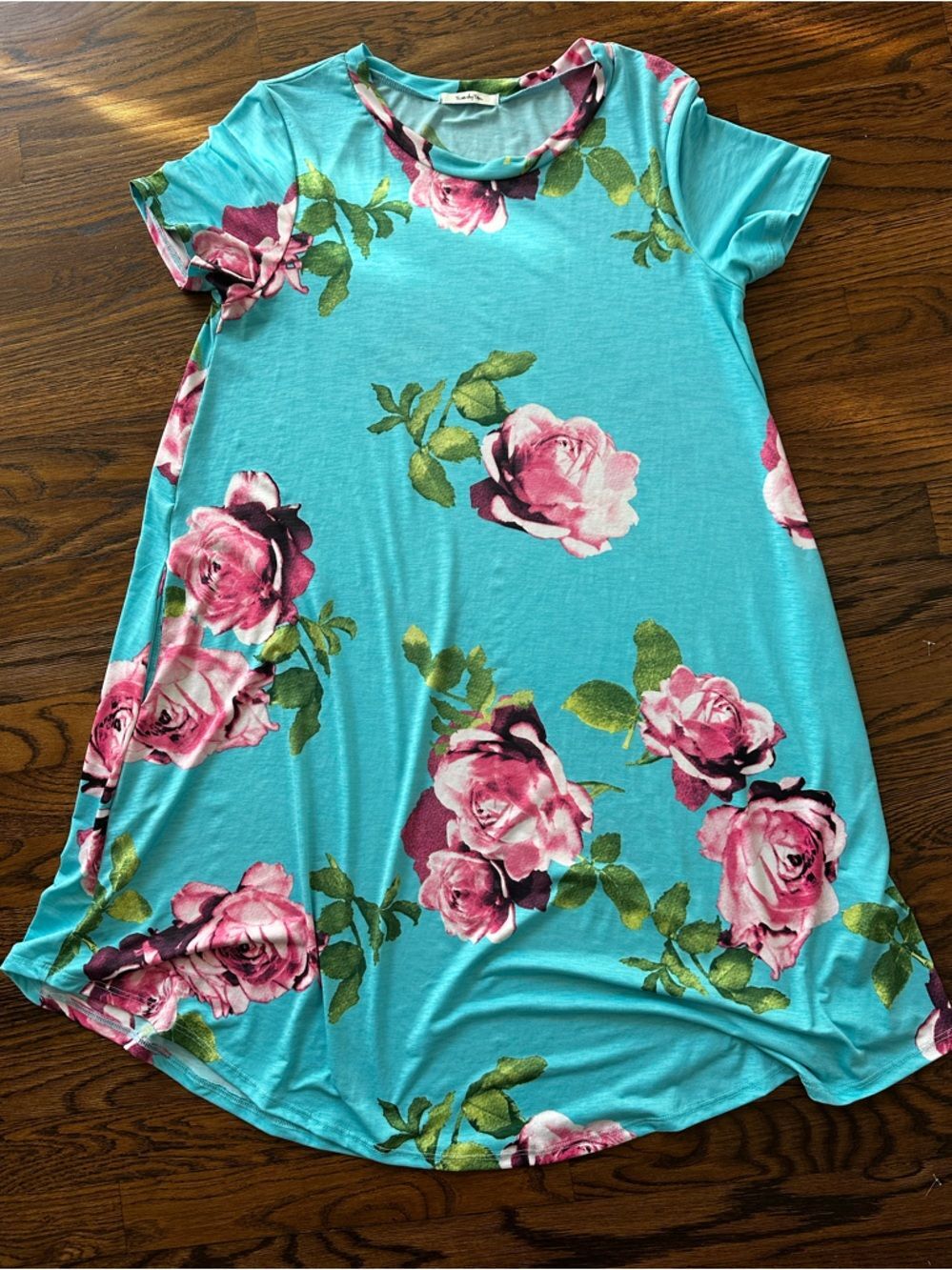 Turquoise Pink Floral Print Short Sleeve Tee Shirt Dress with Pockets | Size M